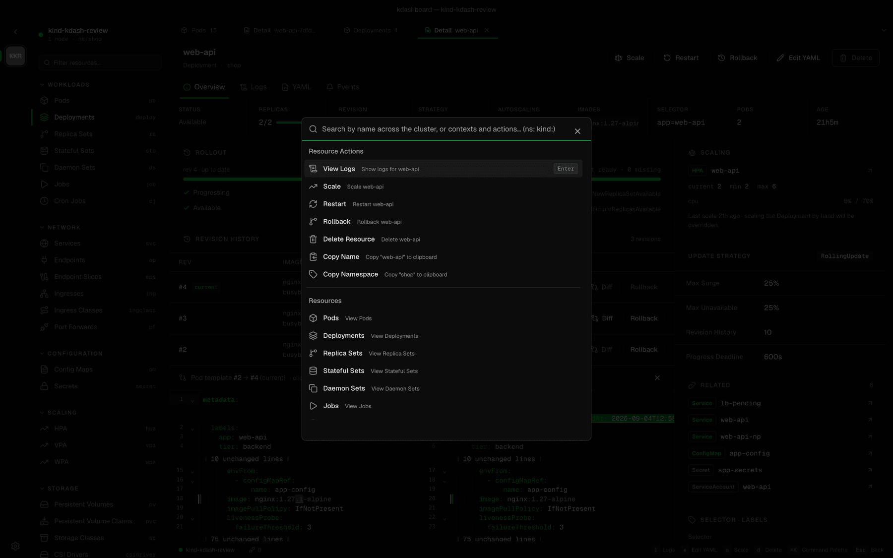 The command palette searching the whole cluster