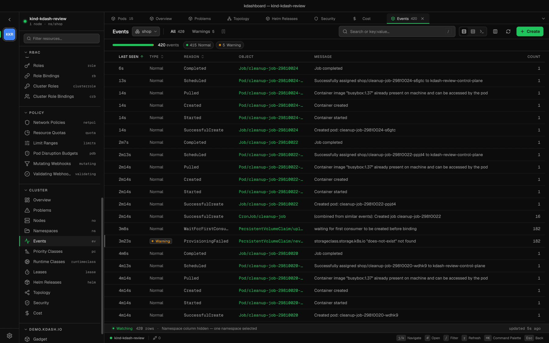 Live kubectl-style events feed