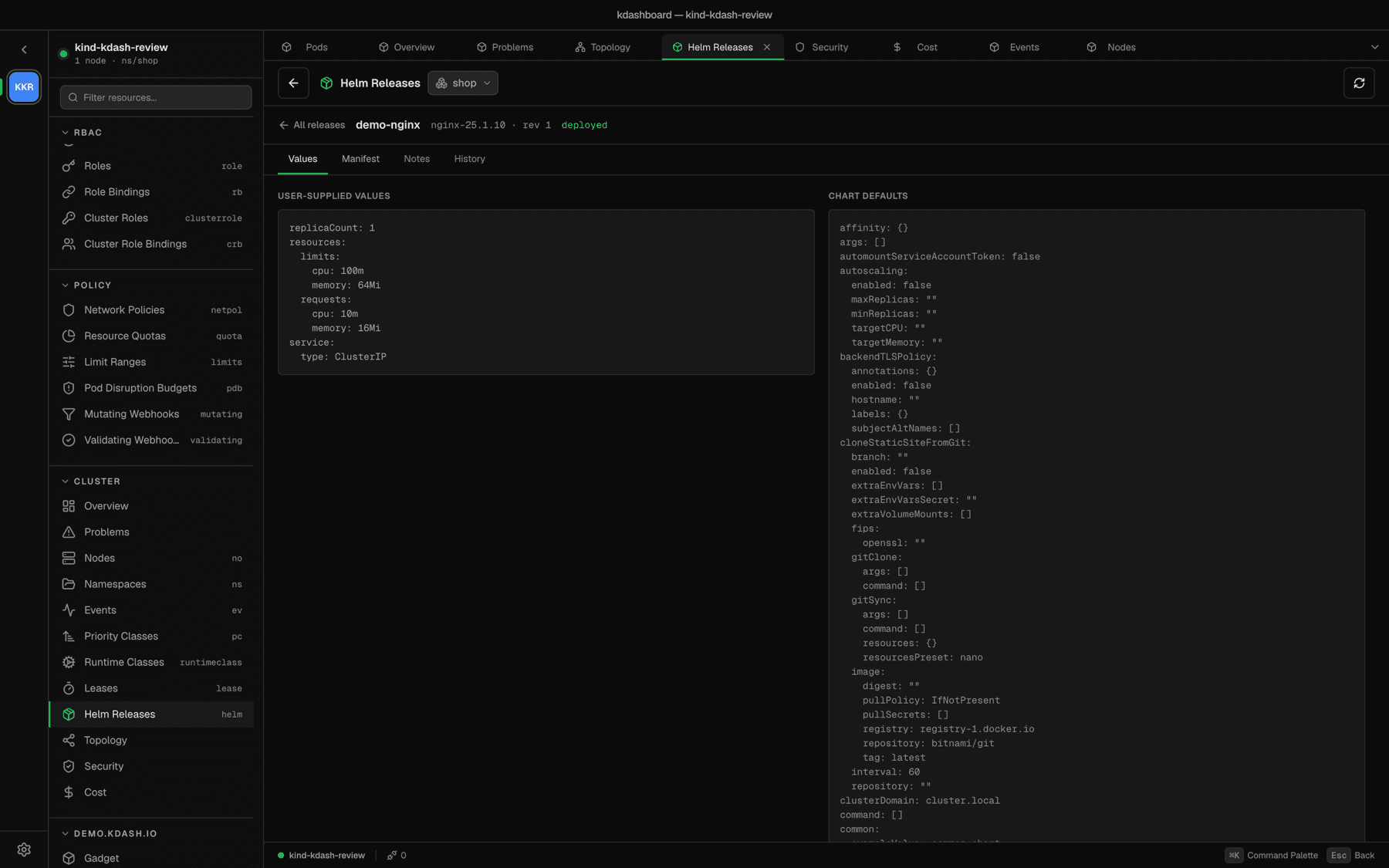 Helm releases with values, manifest, notes and history
