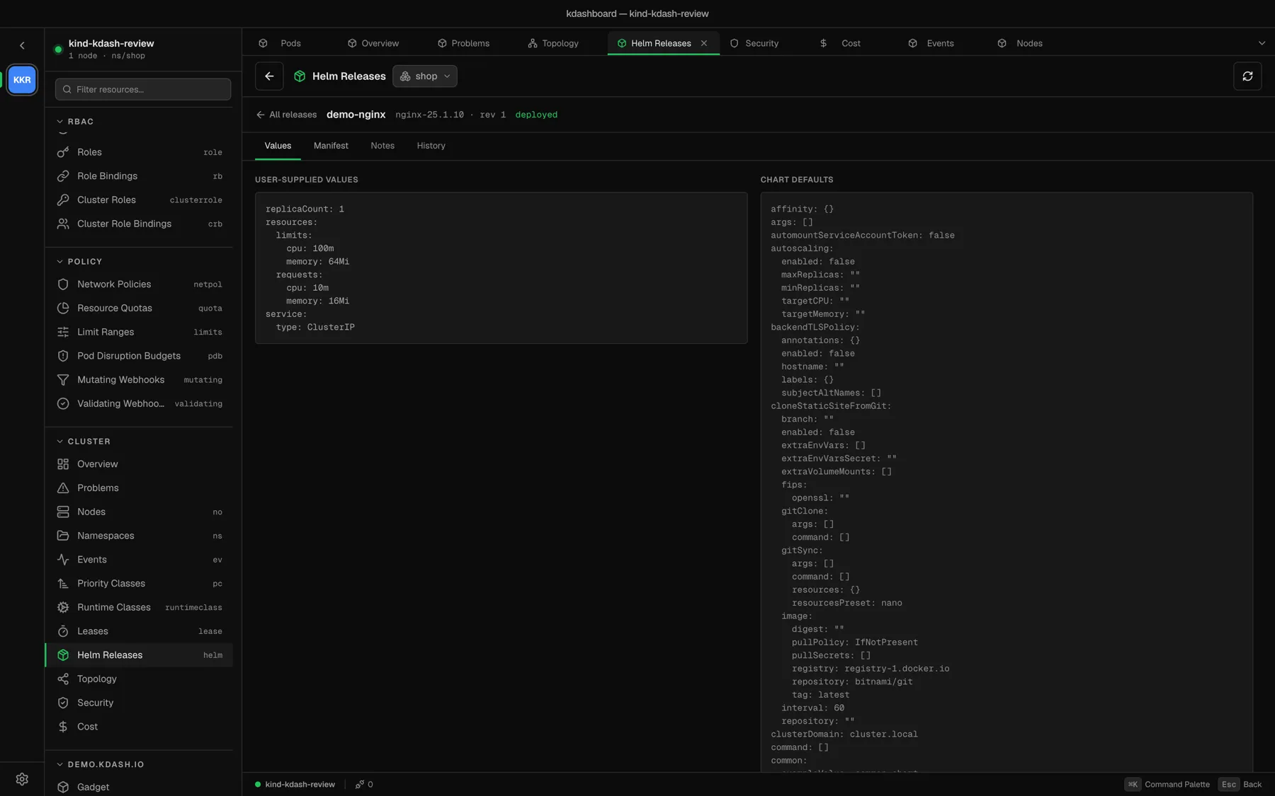 A Helm release: user-supplied values next to chart defaults