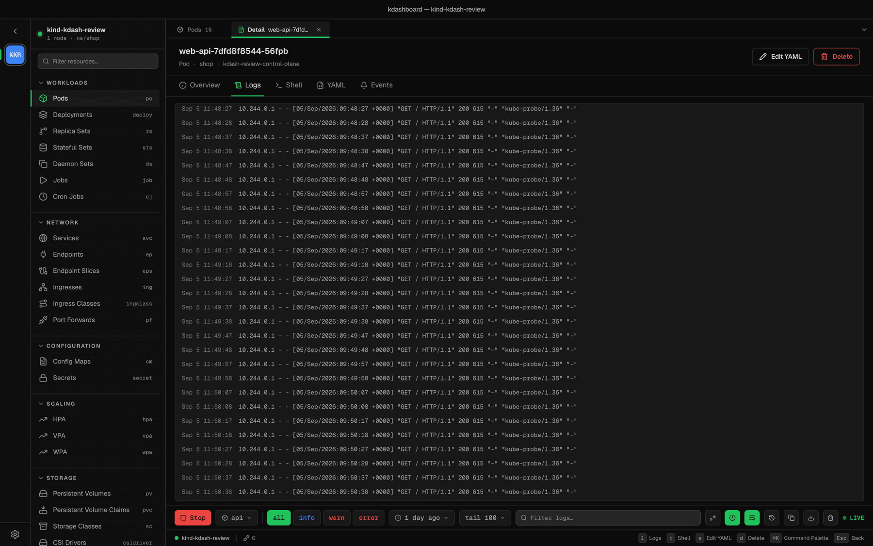 Streaming pod logs with level filters