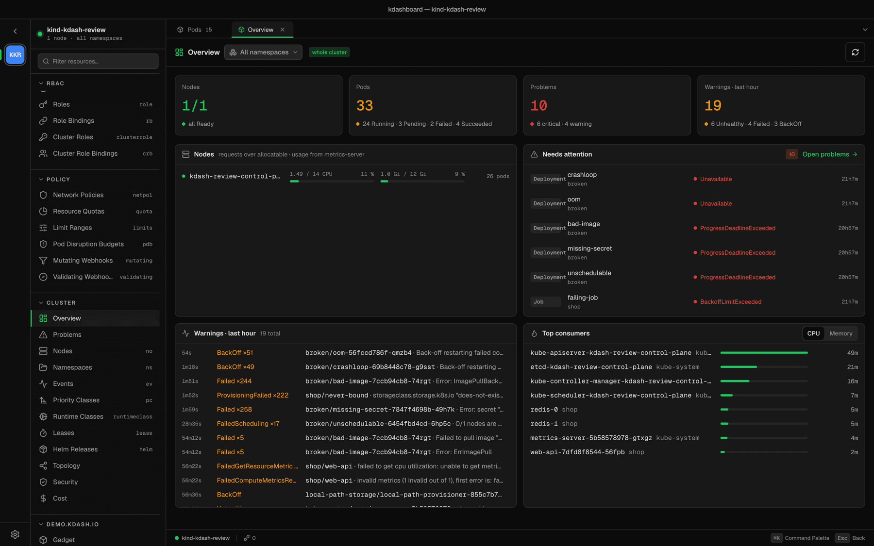 The Overview page: nodes, needs-attention, warnings and top consumers