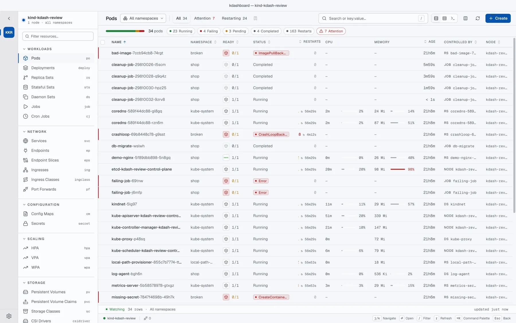 The Pods table in the GitHub Light theme