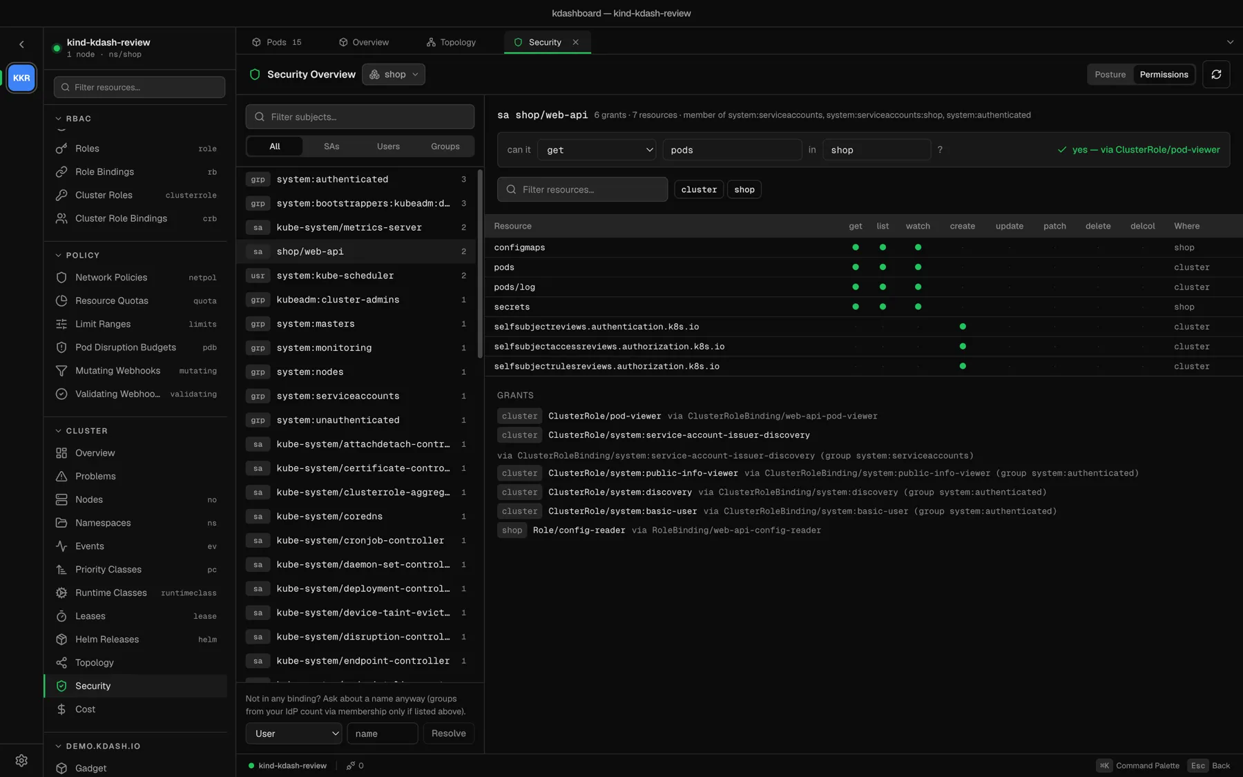 The RBAC explorer answering whether a ServiceAccount can get pods in a namespace