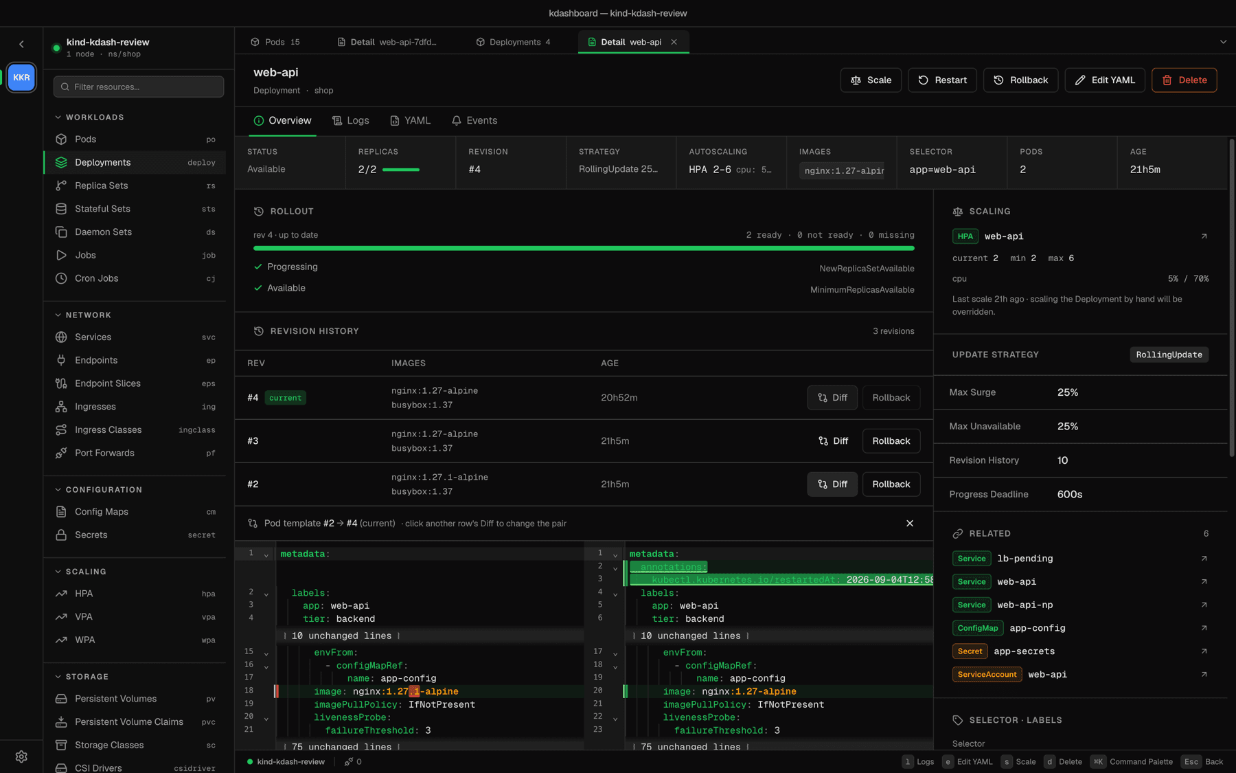 Deployment revision history with a side-by-side pod template diff