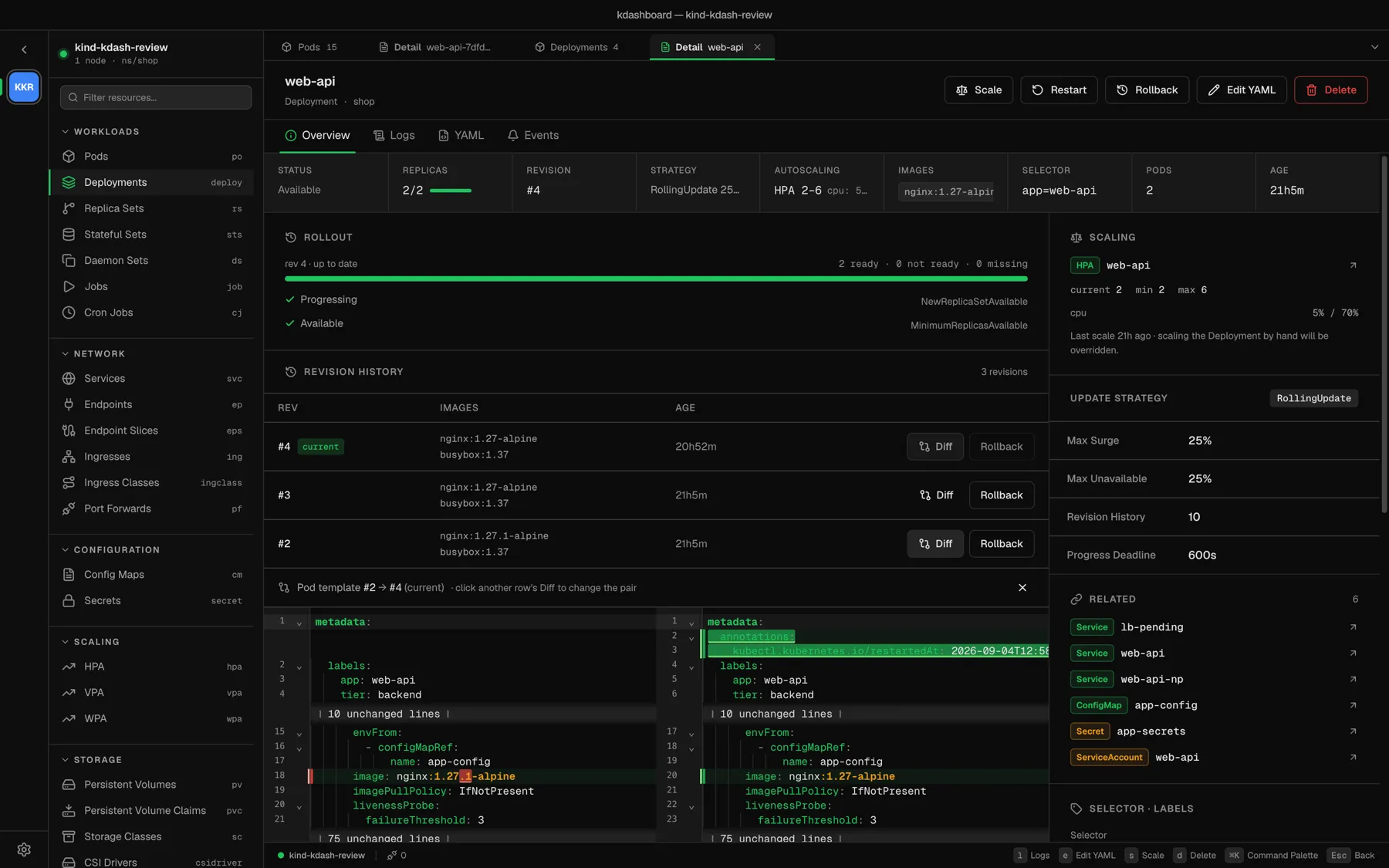 Deployment revision history with a side-by-side pod template diff